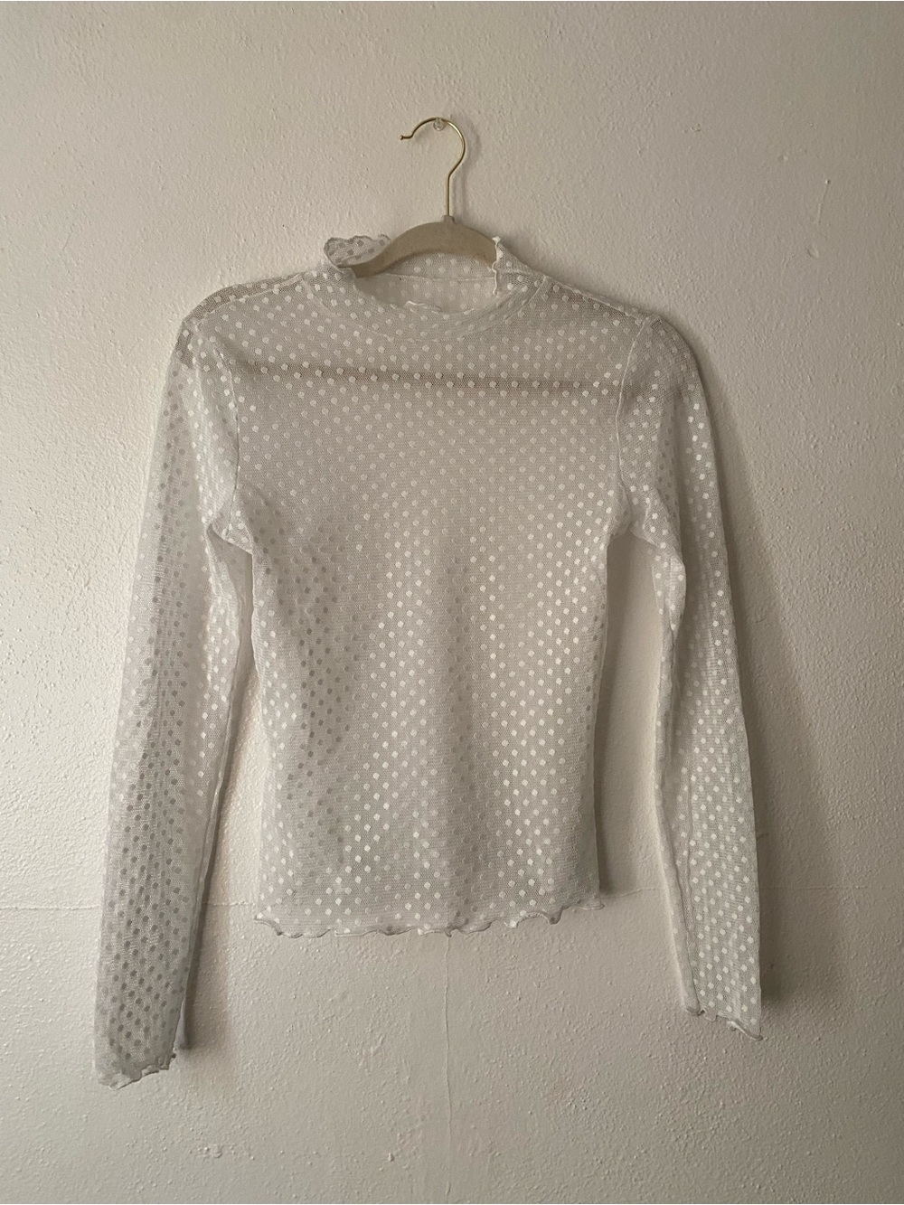 White Sheer Dot Mesh Long-Sleeve Top